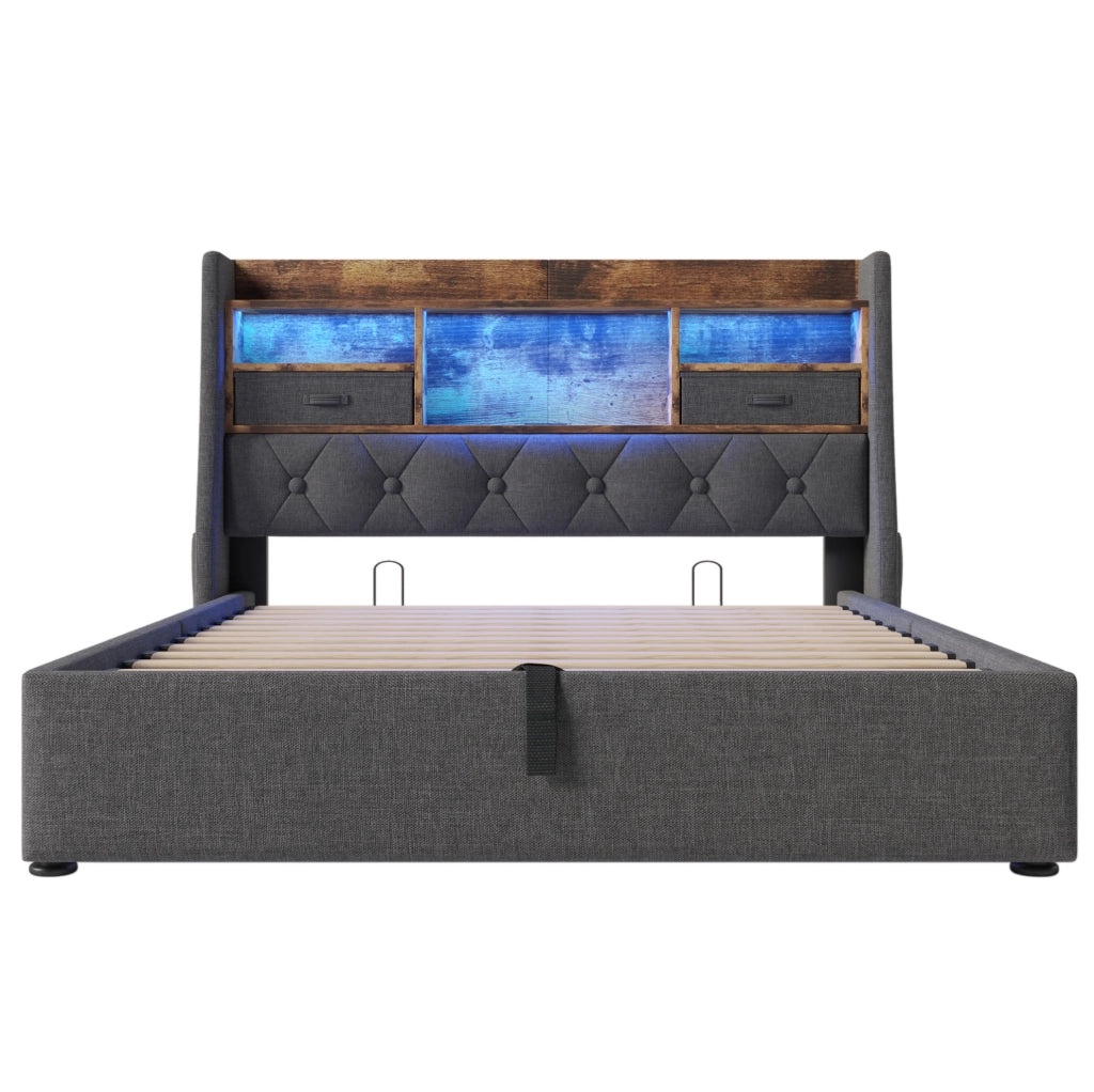 Letto contenitore 140x190 cm con LED, testiera con ricarica USB/Type-C e rete