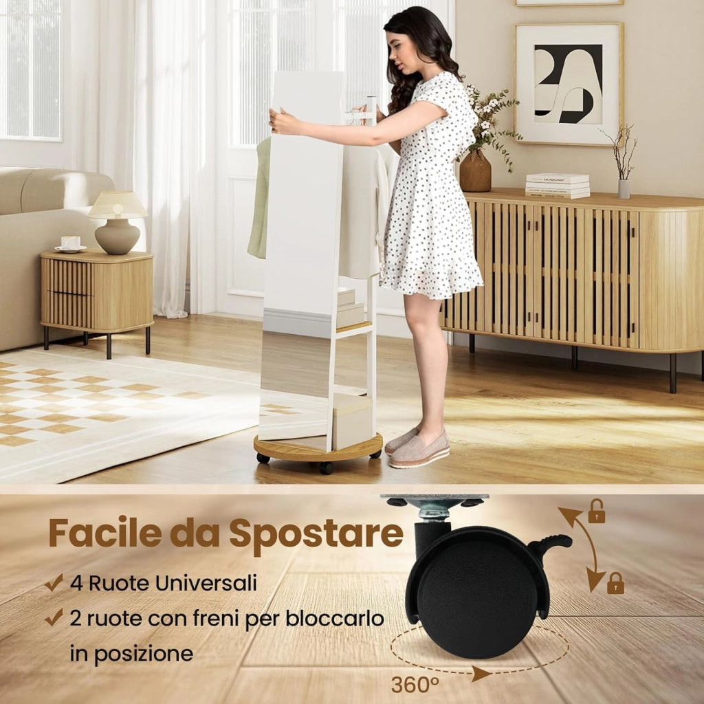 Appendiabiti con Specchio a Figura Intera, Appendiabiti Autoportante con 3 Ganci e Ripiani per Stoccaggio, Specchio da Terra con Ruote per Camera da Letto e Ingresso (Naturale)