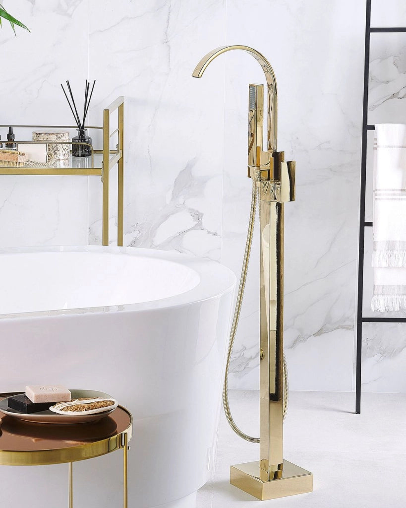 Rubinetto per vasca da bagno Rubinetto per vasca freestanding in ottone dorato lucido con doccetta a pavimento Design moderno