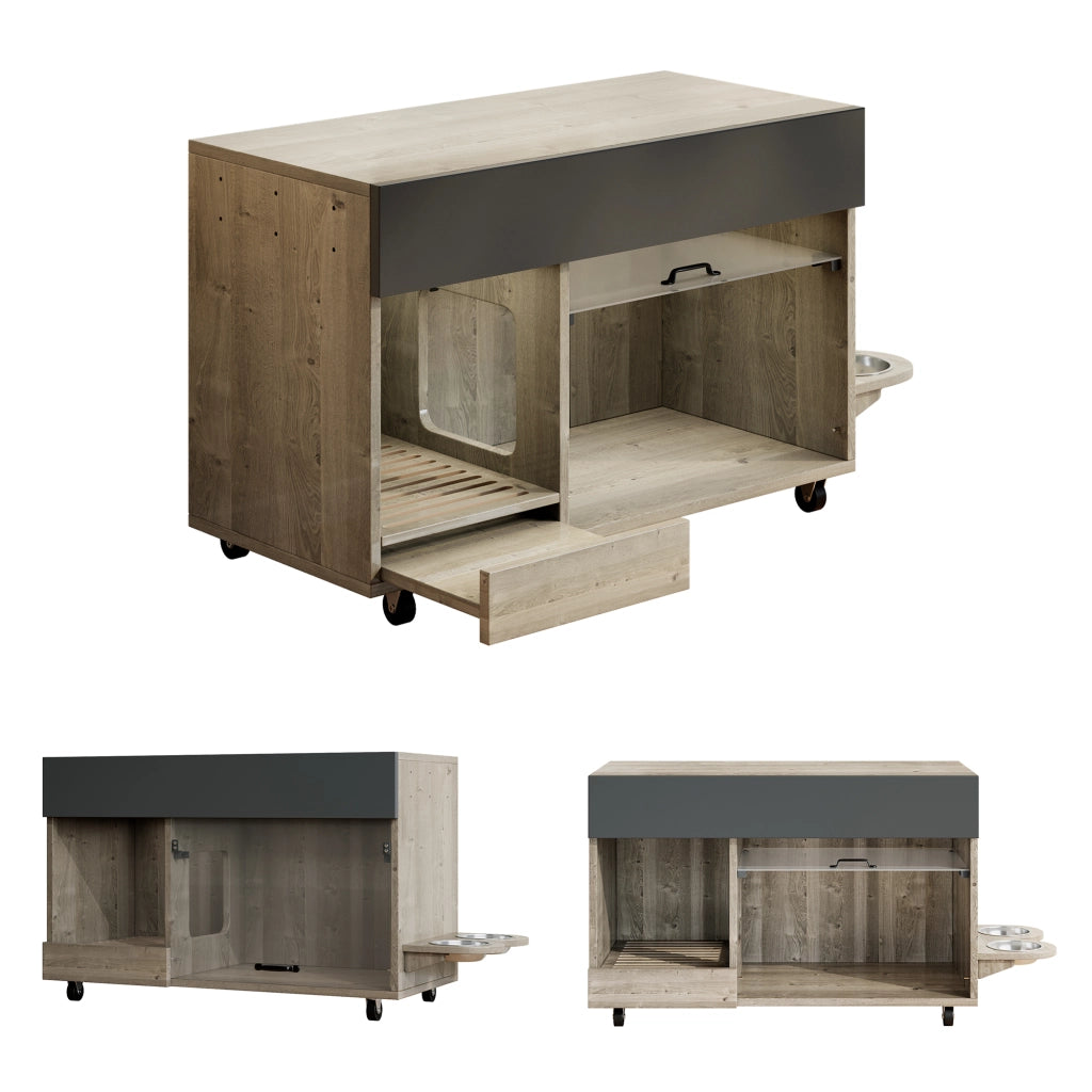 Mobiletto per Lettiera Gatto con Ciotole ¨C MINIMAL ¨C Legno, Rovere/Antracite, 100x45.5x67