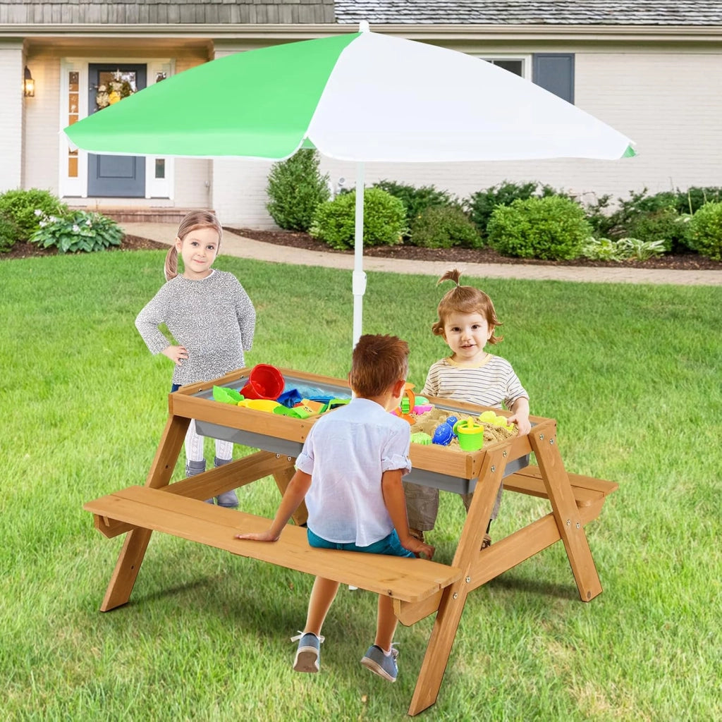 Set Tavolo e Sedie per Bambini da Giardino 3 in 1, con Ombrellone Rimovibile e Regolabile, Piano Rimovibile, Tavolo con Panche in Legno per Bambini da Interno Esterno (Verde e Bianco)
