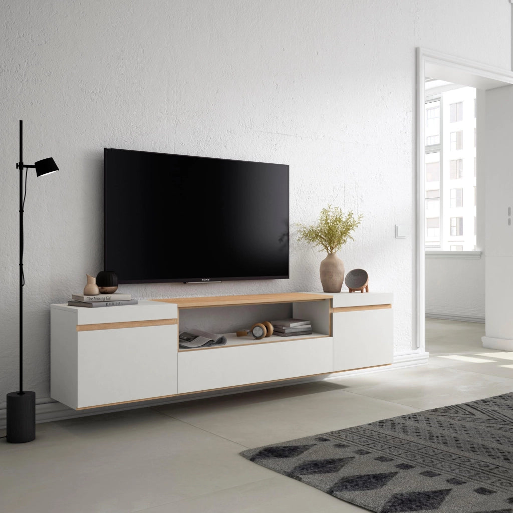 Mobile TV Soggiorno, 200x45x35cm, Per TV fino a 80", Sospeso, da appendere, Bianco e Rovere soft