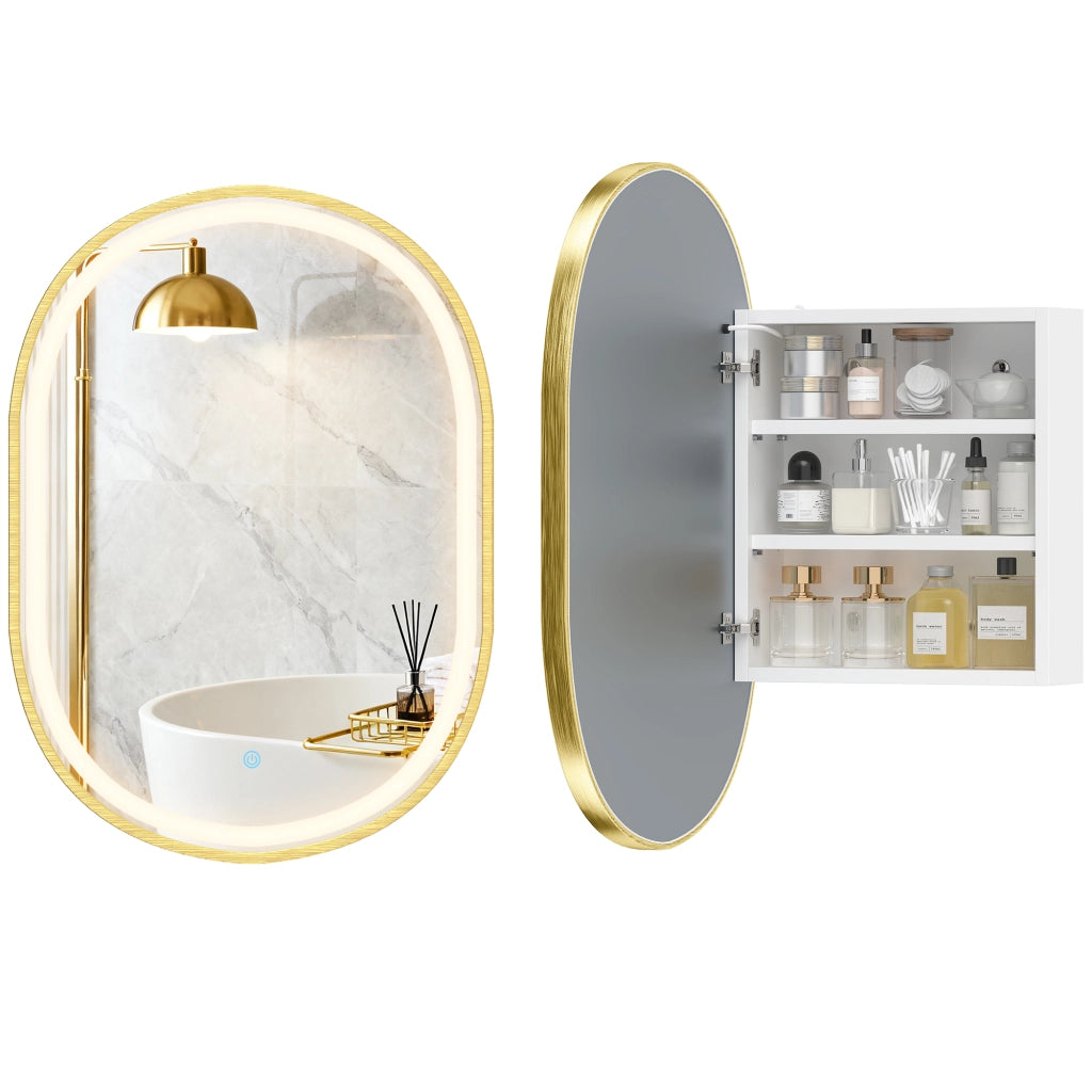 Armadietto da Bagno con Specchio e LED ¨C zephmum ¨C Dorato 50x14.5x70cm
