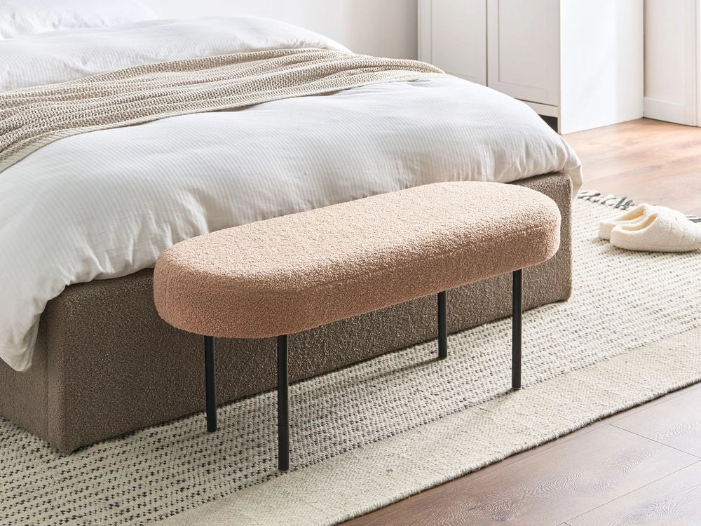 Panca Boucle con gambe in metallo, seduta ovale imbottita, stile cottage retrò, marrone chiaro