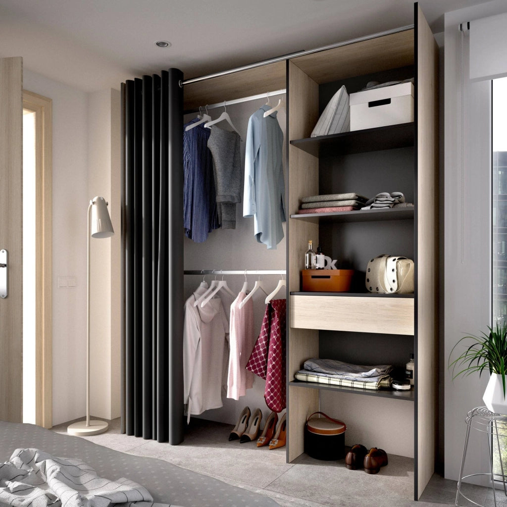 Guardaroba Arim, Struttura per cabina armadio con tenda, Mobile appendiabiti aperto, 160x50h205 cm, Rovere e Antracite