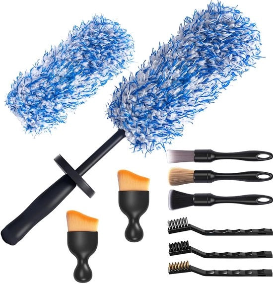 Set di spazzole per autoreinifica da 10 pezzi, adatto per la pulizia dell'abitacolo e dell'esterno dei veicoli, comprensivo di una spazzola per i ventilatori, una spazzola per l'orlo del cruscotto e una spazzola per la pulizia dei sedili.