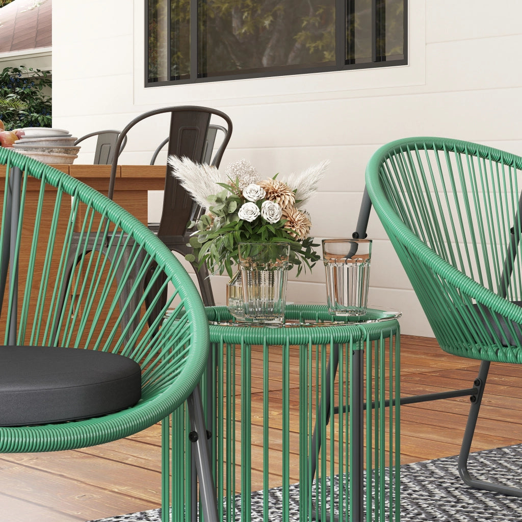 Set da giardino 3 pezzi ¨C zephmum ¨C tavolo con vetro, 2 sedie con cuscini, polirattan verde