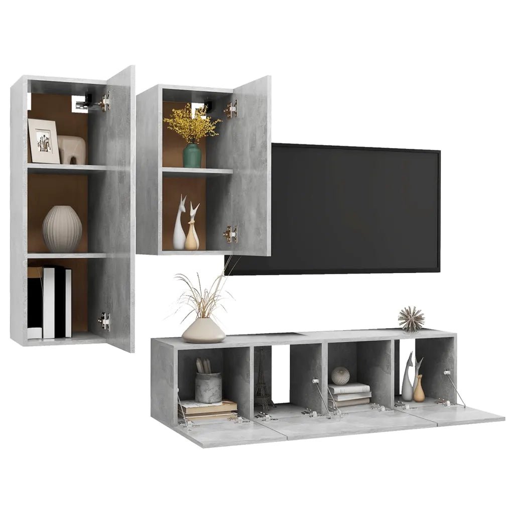 Set di Mobili Porta TV 4 pz-Credenza per TV Grigio Cemento in Legno Multistrato 743114