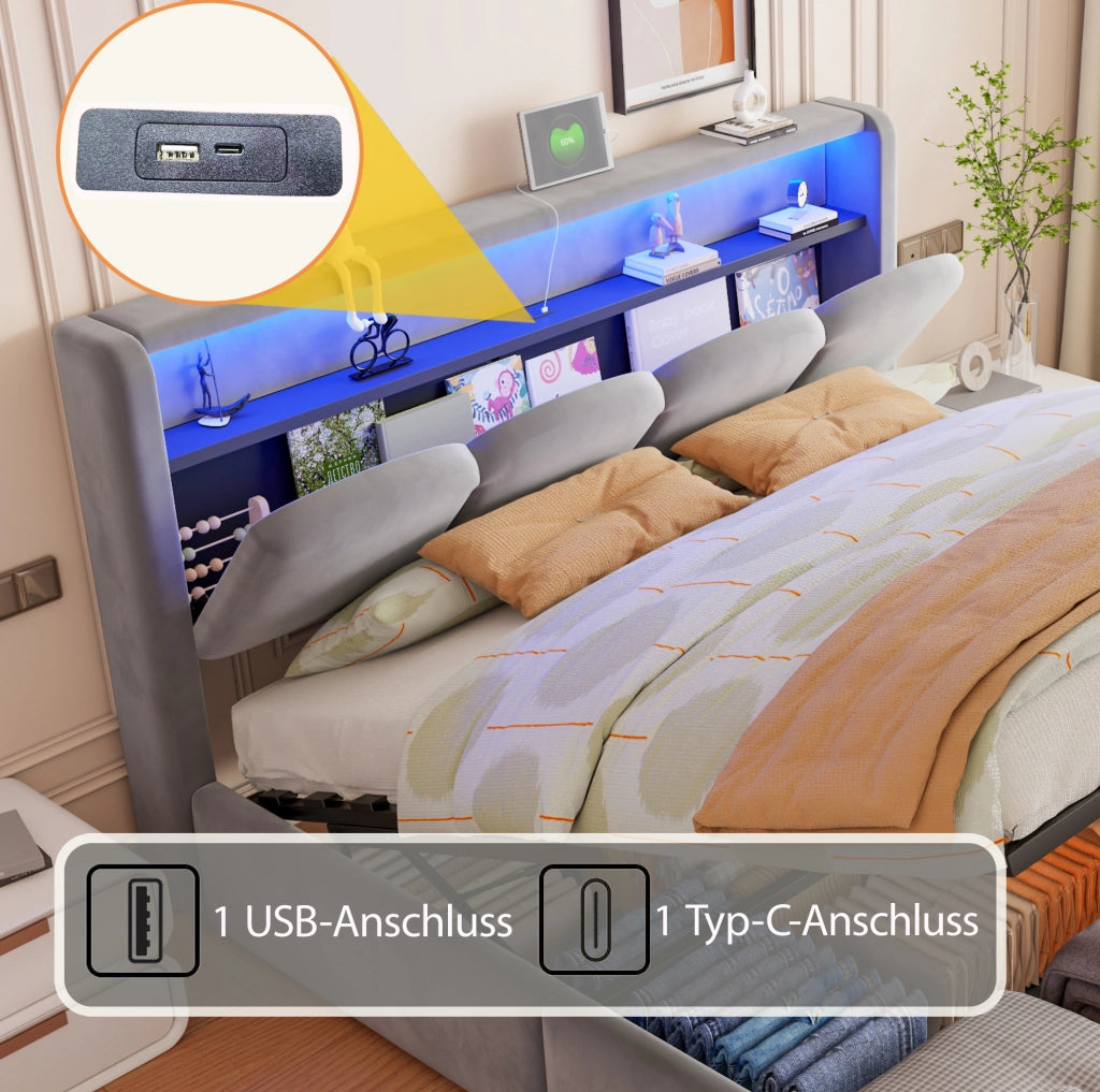LETTO Imbottito 140x200 cm Velluto Grigio con LED, USB e USB-C