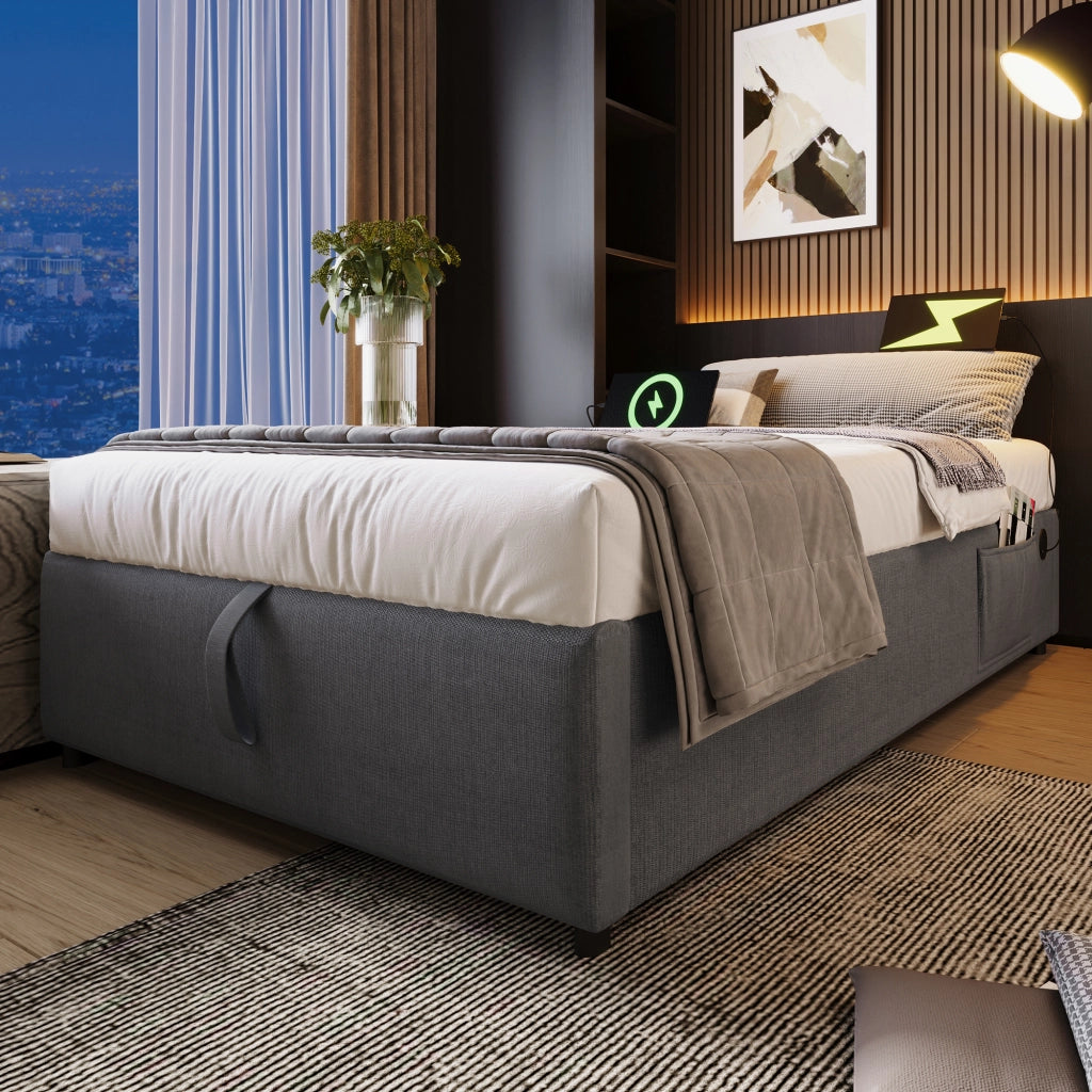 OKWISH Letto contenitore 90×200 cm, Letto Singolo con USB, Type C e Vano Contenitore, senza Materasso, in Lino Cotone, Grigio