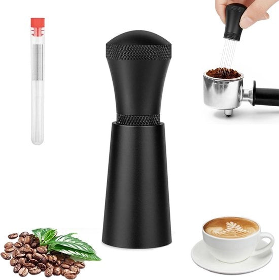 Strumento compatto con 7 aghi - Nero - Con 10 aghi in acciaio inossidabile sostitutivi - Strumento di distribuzione espresso - Aghi per caffè - Strumento di distribuzione WD - Accessori per caffè