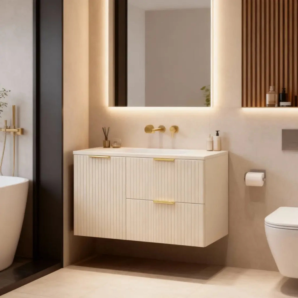 Set da bagno NOXERA 100 cm – Marrone congo – piano per lavabo + 2 cassetti + 1 cesto per la biancheria