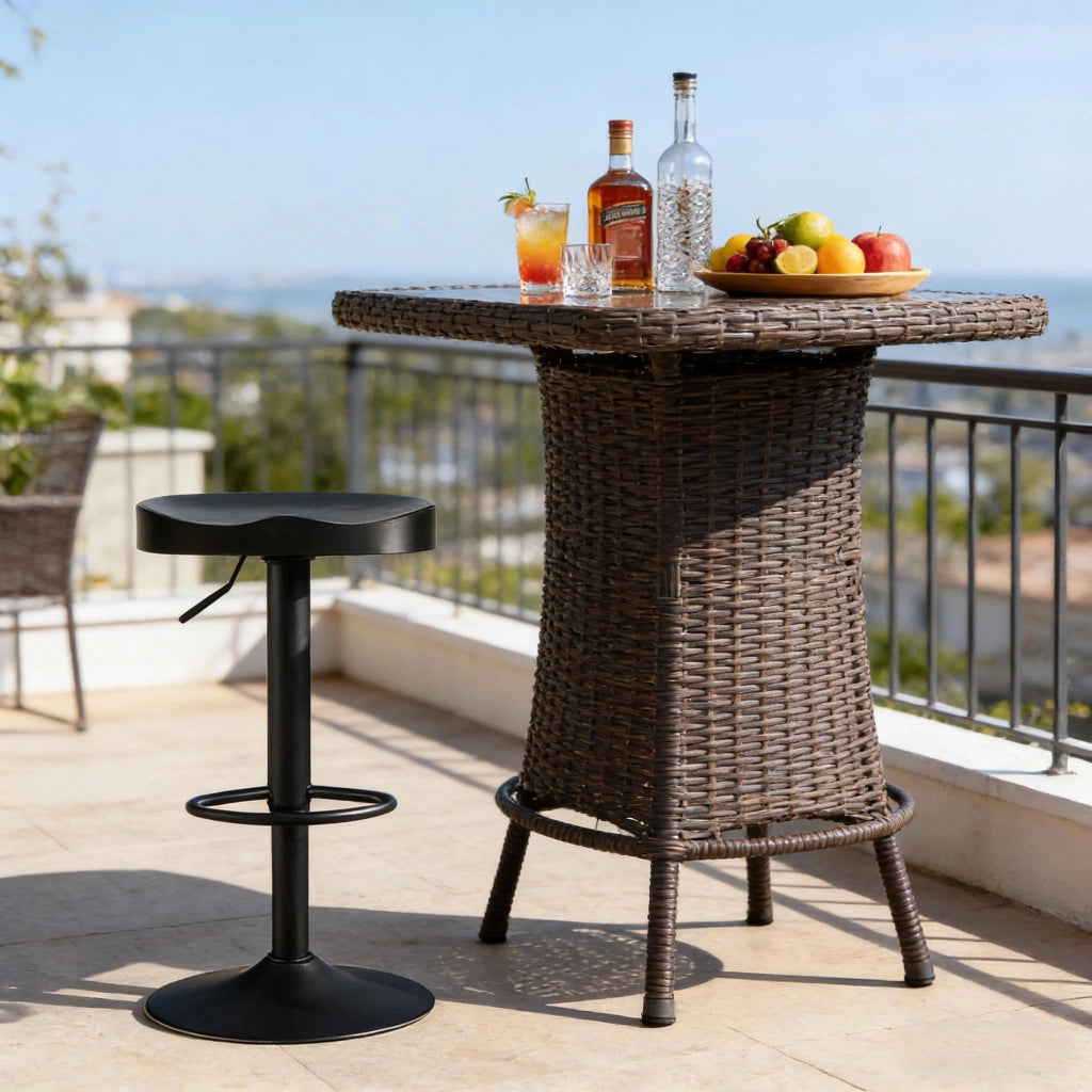 Sgabello da bar girevole e regolabile in altezza con seduta ergonomica in legno massello e base a tromba in metallo nero