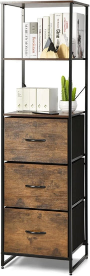 Libreria Multifunzionale, con 3 Ripiani Aperti e 3 Cassetti in Tessuto, con Struttura in Acciaio e Dispositivo Antiribaltamento, Libreria per Soggiorno Studio Camera da Letto, 43x39x156cm