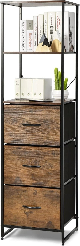 Libreria Multifunzionale, con 3 Ripiani Aperti e 3 Cassetti in Tessuto, con Struttura in Acciaio e Dispositivo Antiribaltamento, Libreria per Soggiorno Studio Camera da Letto, 43x39x156cm