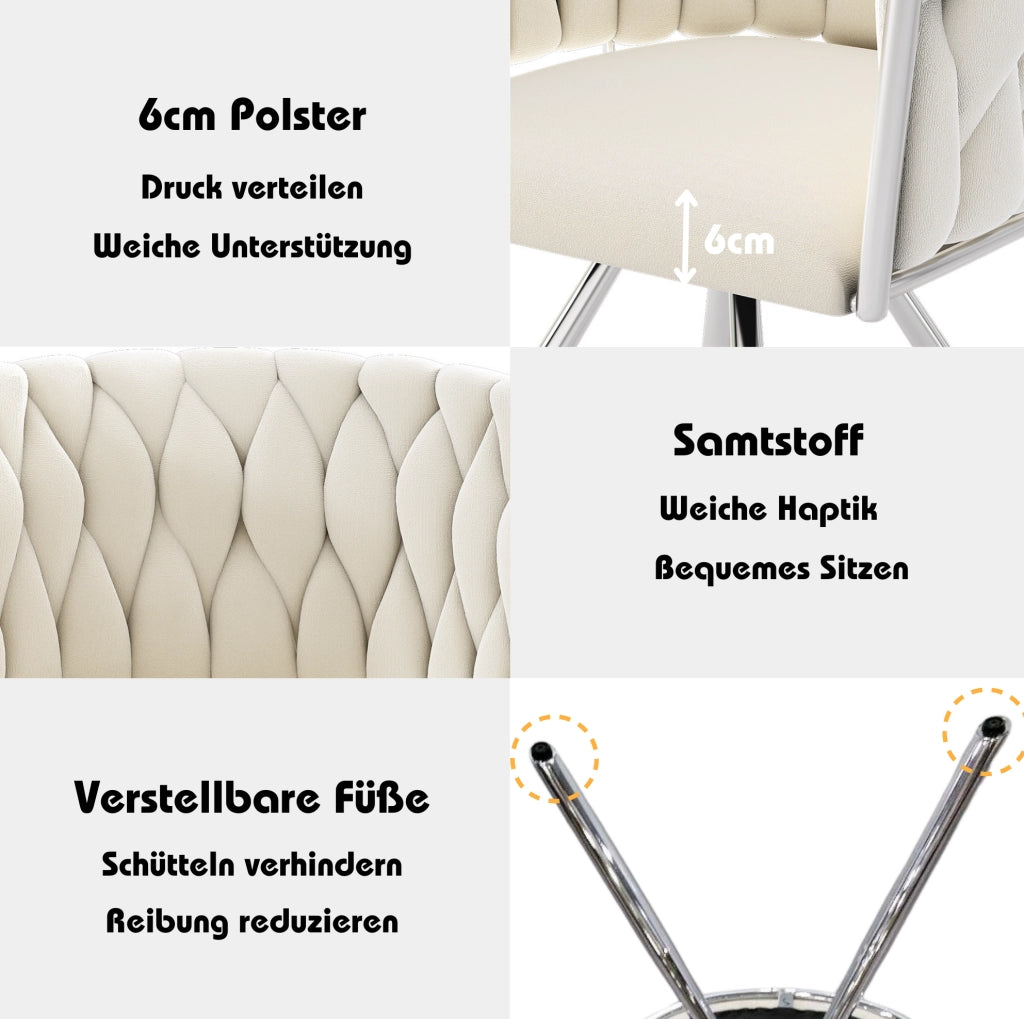 Sedie da pranzo girevoli in velluto beige e argento; set 2; con schienale ergonomico
