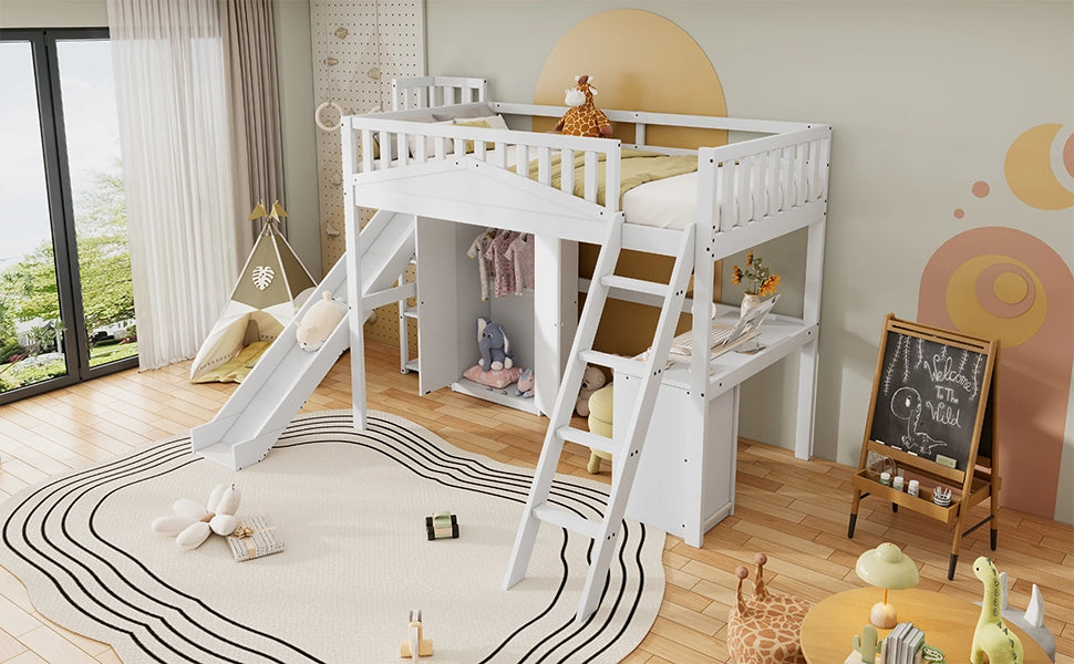 DESMIU Letto a castello Letto per bambini 1 posto con scivolo, scrivania e armadio, 90 × 200 cm, senza materasso, bianco