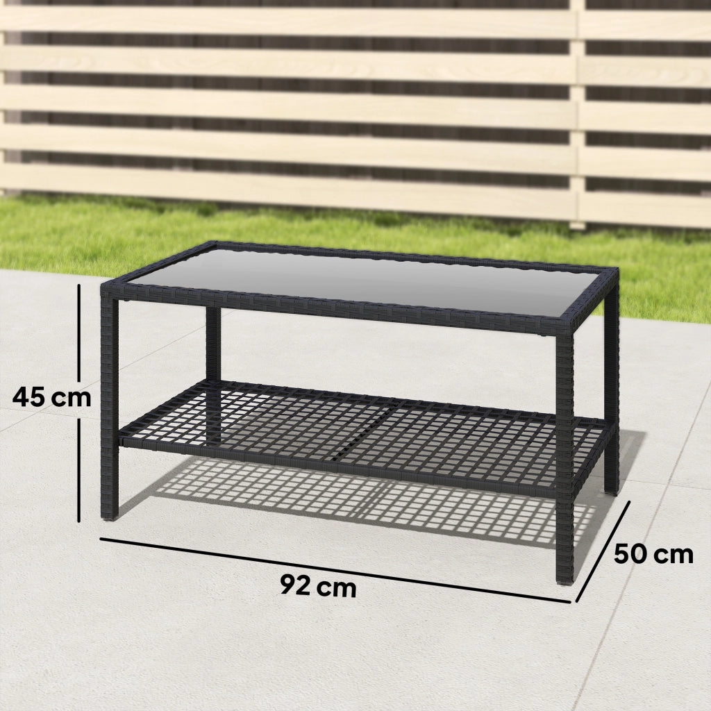 Tavolino da Caff¨¨ a 2 livelli con Piano in Vetro Temperato e Ripiano, in Acciaio e Rattan, 92x50x45 cm, Nero
