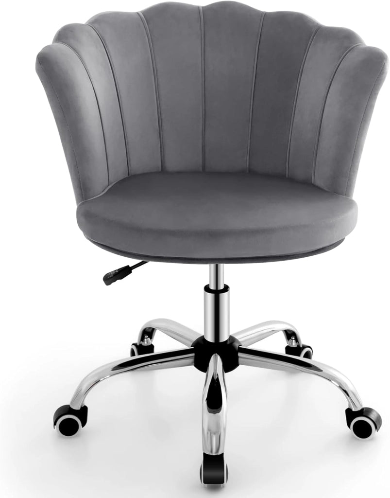 Sedia da Scrivania in Velluto, Poltrona Girevole con Altezza Regolabile, con Schienale a Forma di Petalo e Ruote, per Casa Ufficio, Carico Massimo 150 kg (Grigio)