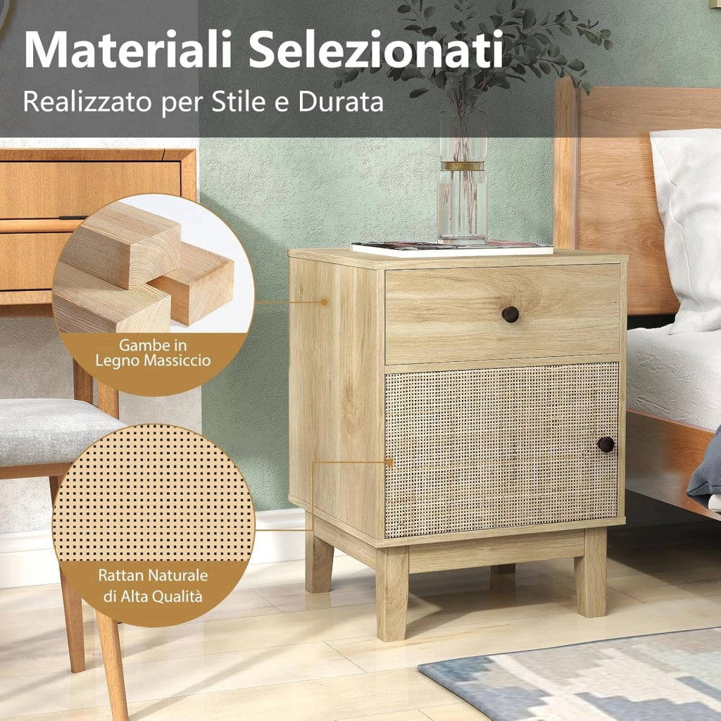 Comodino in Rattan 40 x 39 x 55 cm, Mobile Moderno con Cassetto, Armadietto e Gambe in Legno Massello, Tavolino in Stile Boemia per Camera da Letto, Soggiorno e Salotto (Nero)