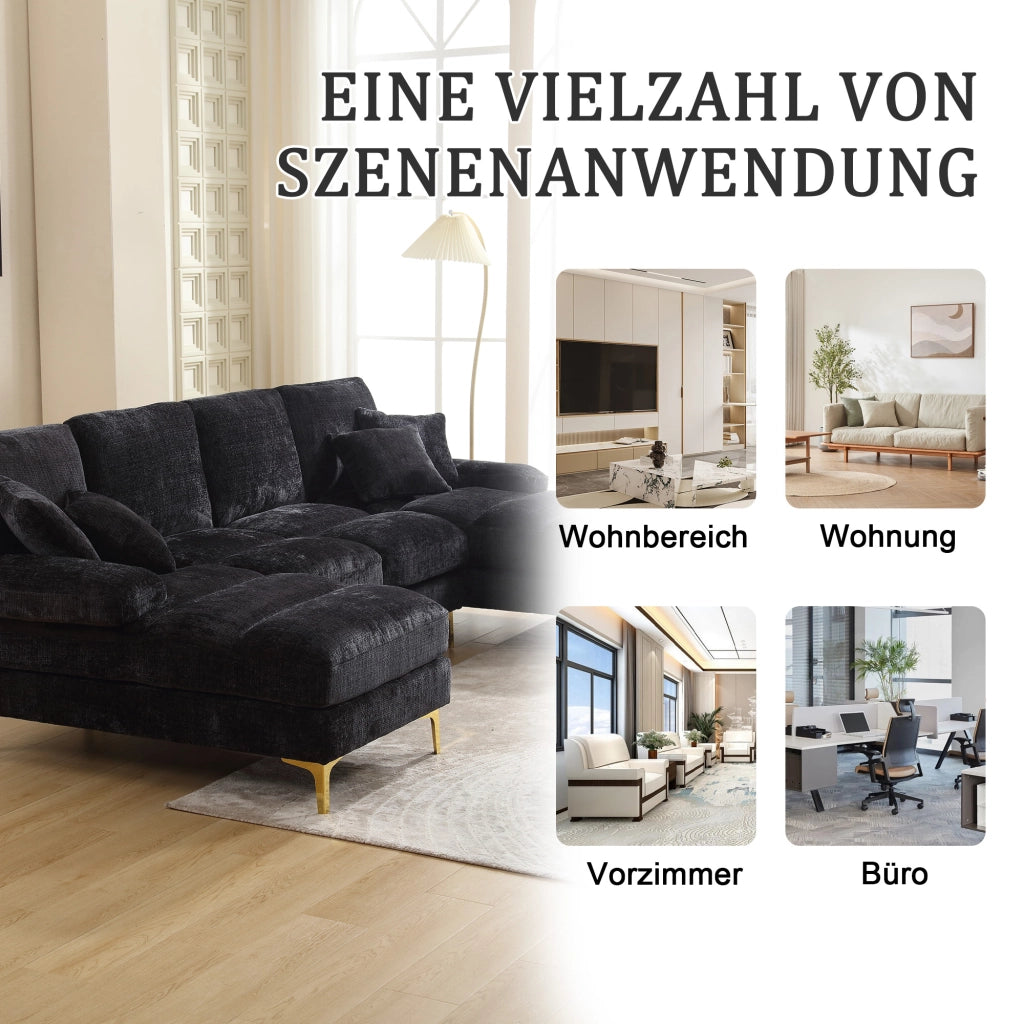 OKWISH Divano Panoramico a U, con 2 Chaise Longue, 4 Cuscini Schienale e 2 Cuscini, Ciniglia, Nero