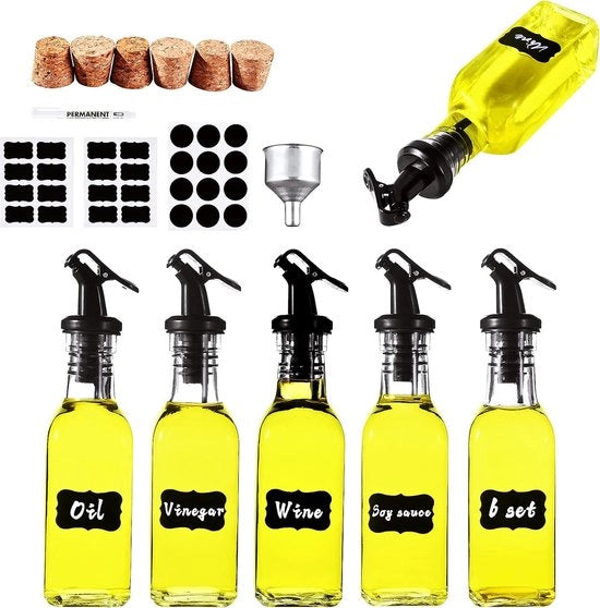 Dispensatore di olio per lenzuola 6 x 160 ml flaconi di olio, flaconi di olio con beccuccio, aceto e flaconi di olio, fiaschi di olio, con beccuccio per olio, tappo di vino, etichette, pennarelli, imbuto