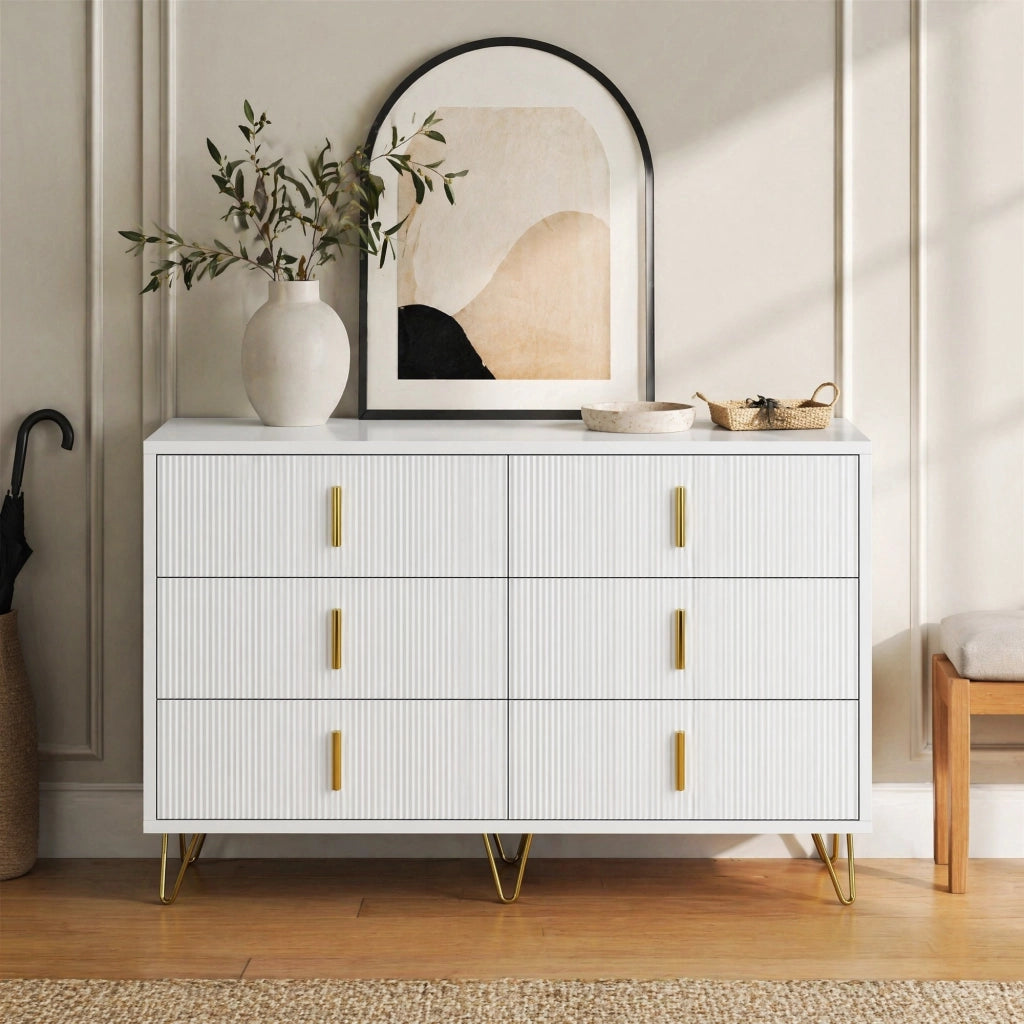 Credenza moderna con 6 cassetti, finitura bianca e dorata, 120 x 77 x 40 cm