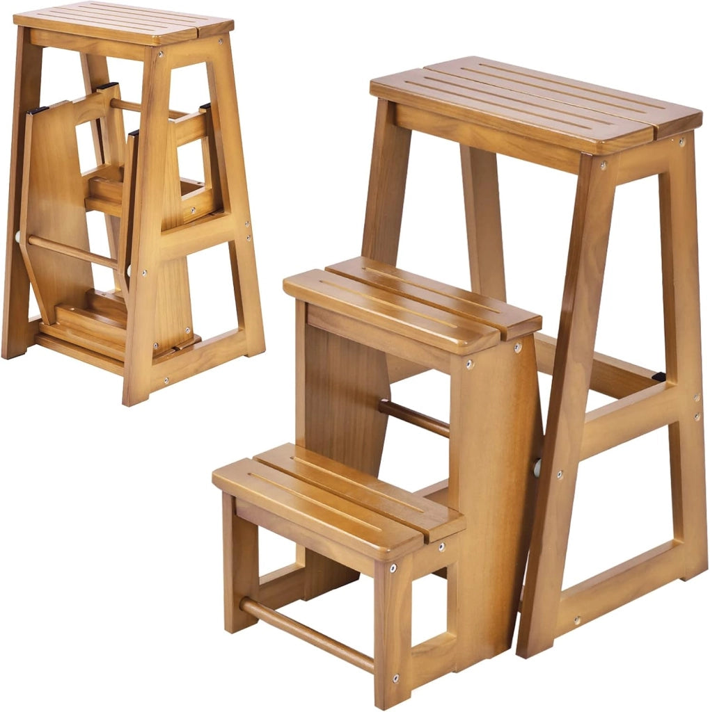 2 in 1 Scaletta e Sgabello Legno, Sgabello Scala Pieghevole, a 3 Gradini, Portata di 150 kg, Richiudibile e Salvaspazio, Ideale per Soggiorno/Studio/Ufficio, 38,5x57x66 cm, 2 Colori