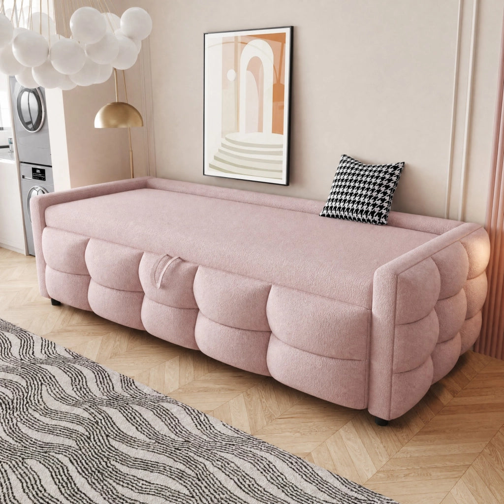 Letto imbottito estraibile 90/180x190 cm in tessuto Teddy rosa; con rete a doghe