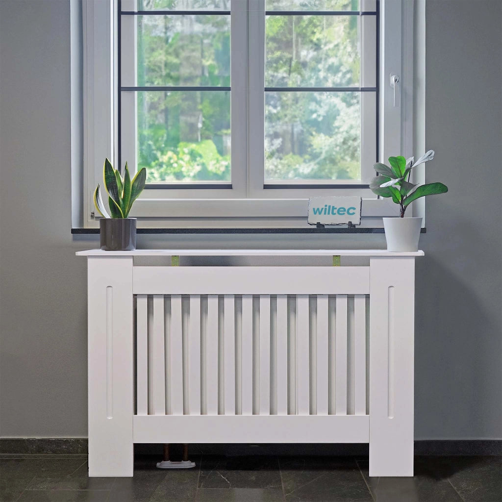Toboli Copritermosifone in MDF bianco 112x19x82cm Copricalorifero a doghe