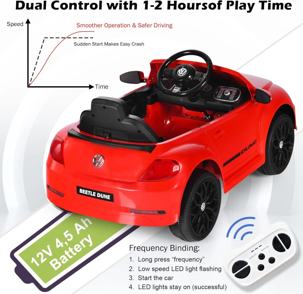 Macchina Elettrica per Bambini Volkswagen Beetle Maggiolino 12V con Telecomando, Auto Elettrico a Pedale, Veicoli con Musica, Fari LED e Clacson, 3-5km/h, Carico 30 kg, 3-8 Anni (Rosso)
