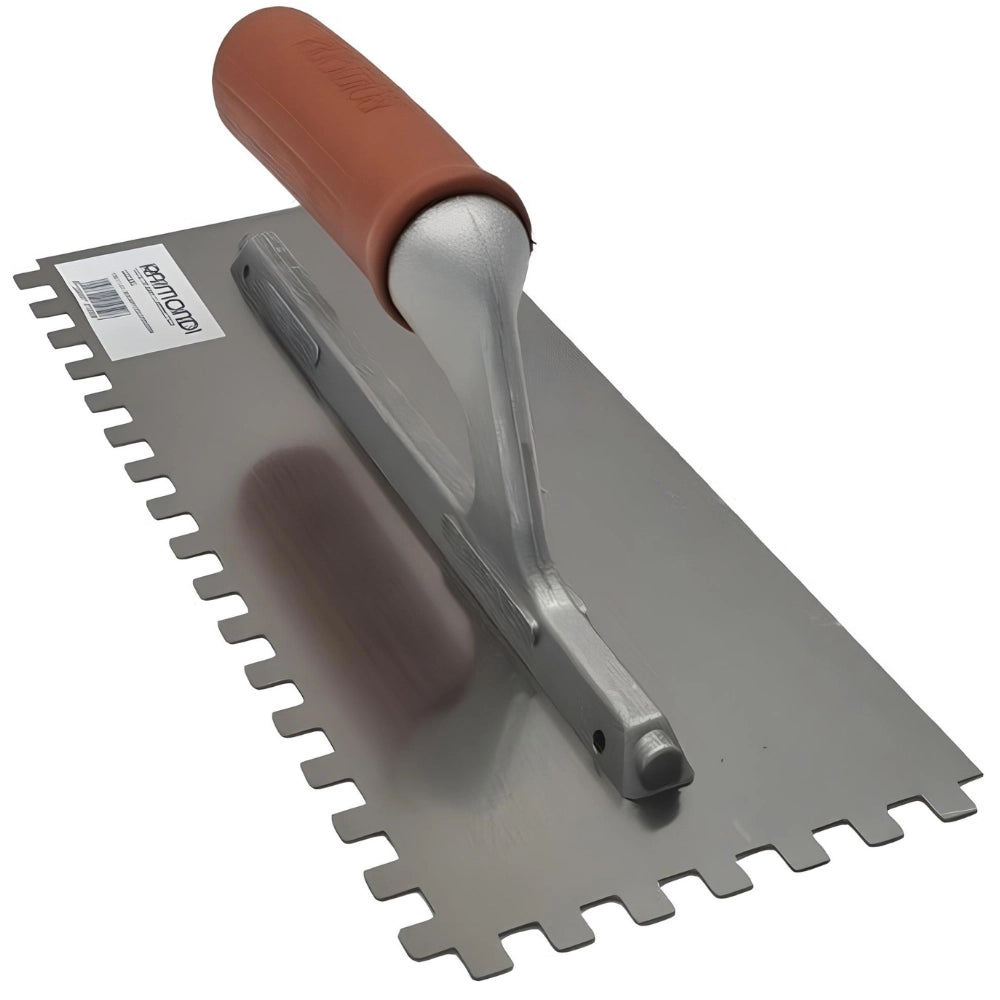 Spatola dentata in acciaio inox 28x12 cm con impugnatura in gomma *** misura dente 10x10 mm, confezione 1