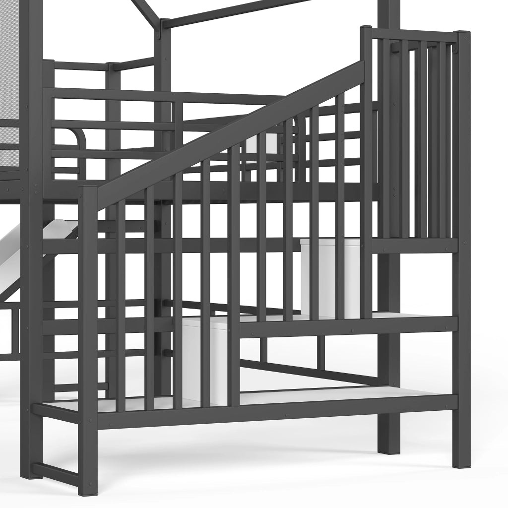 Letto a soppalco per bambini con scivolo; LED Bluetooth e scala; 140 x 200 cm; nero