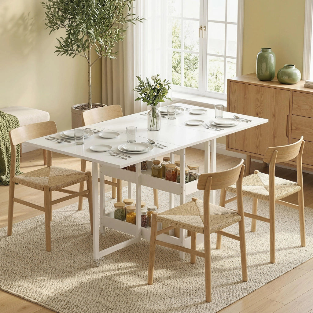 Tavolo Pieghevole a 2 Ribalte per 4 Persone con 2 Ripiani Aperti, Legno e Metallo, 133.4x80x75 cm, Bianco