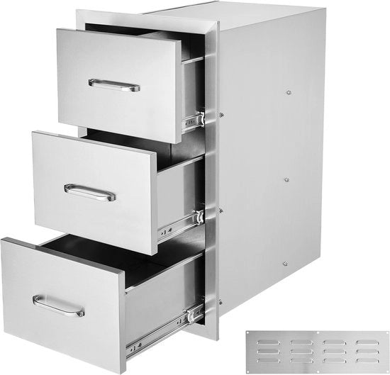 Cassa per esterno, 42 cm largo x 74 cm alto x 52 cm profondo, spazio di stoccaggio con tre accessi, progetto in acciaio inox piano, carrello per isole barbecue con contenitore per asciugamani e maniglione in carta