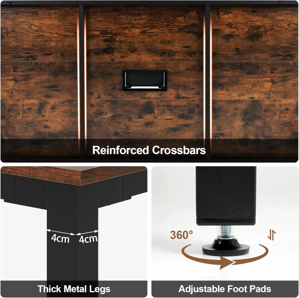 Tavolo da conferenza, 180 x 90 cm, con foro cavo, gambe in metallo, extra lungo, per sala riunioni, sala riunioni, marrone rustico, per 8-10 persone