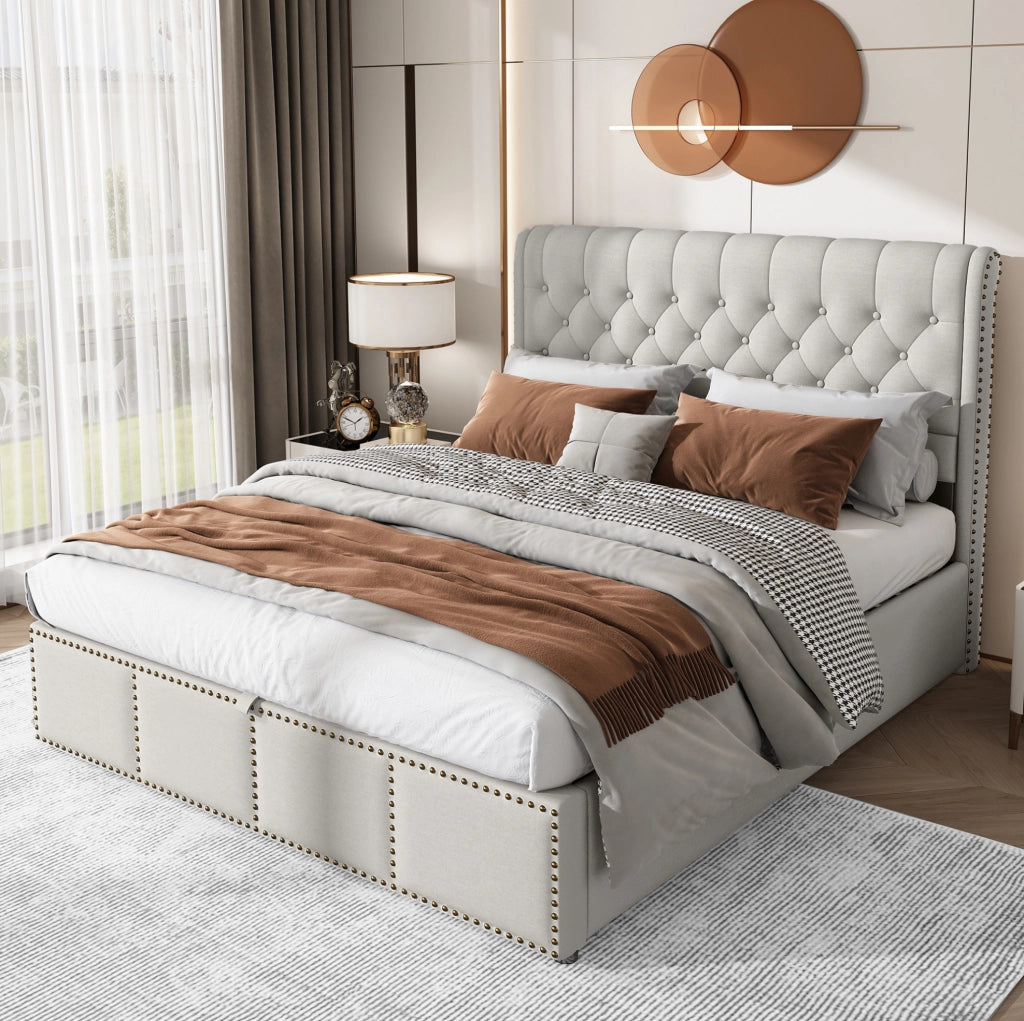 Letto imbottito contenitore 140x190 cm in lino grigio con rete a doghe
