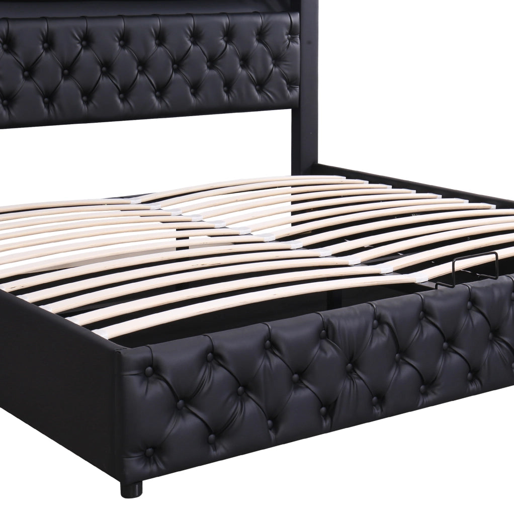 Letto imbottito 160x200 cm con contenitore e LED; in PU nero