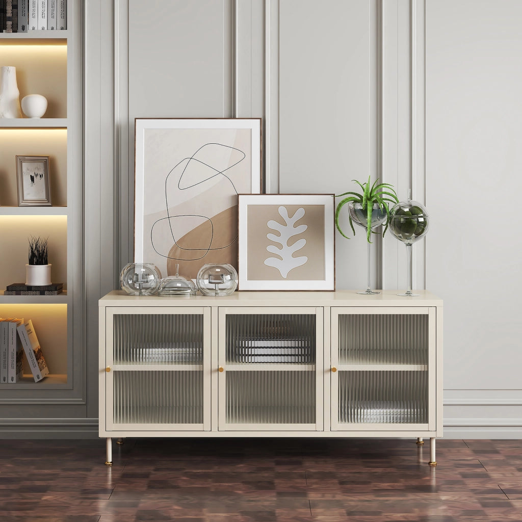 Mobile TV in Acciaio Lindau con Vetrina 120x40x59 cm Bianco Crema [en.casa]