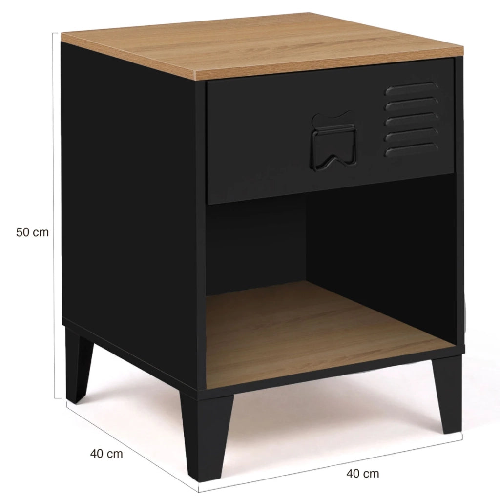 IDMarket - Set di 2 comodini ESTER a 1 cassetto in metallo nero con nicchia e piano in faggio in stile industriale