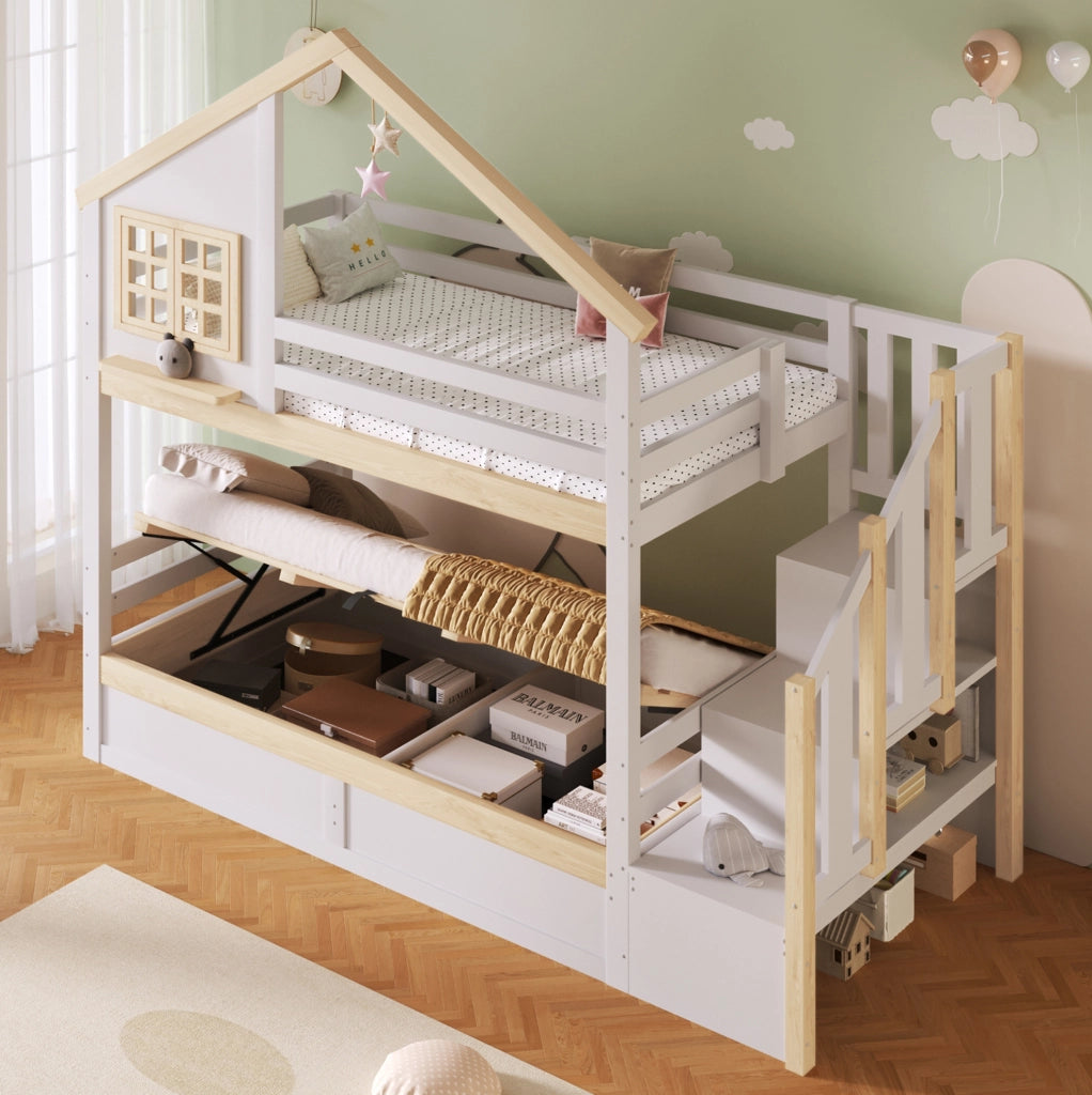 Letto a castello 90x200 cm con letto superiore a casetta; protezione e contenitore idraulico; bianco e naturale