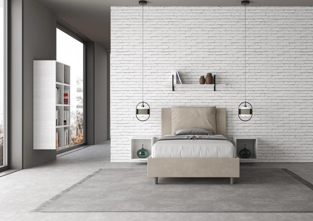 BS COM Letto una piazza e mezza con rete imbottito 110x190 microfibra sabbia