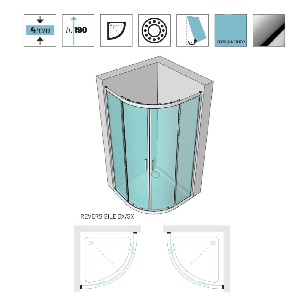 Ogomondo box doccia semicircolare con ante scorrevoli cristallo temprato 4 millimetri trasparente *** misure 90x90x19...