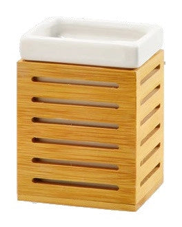 Portaspazzolino Accessorio da Bagno in Ceramica e Bamboo 8,5 x 6,5 x 11,5 cm