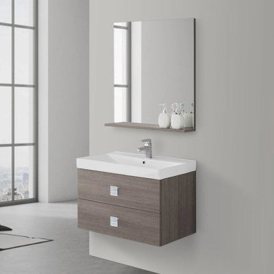 Mobile bagno sospeso 75x51 cm rovere scuro con due cassettoni completo di lavabo specchio e mensola Bravo