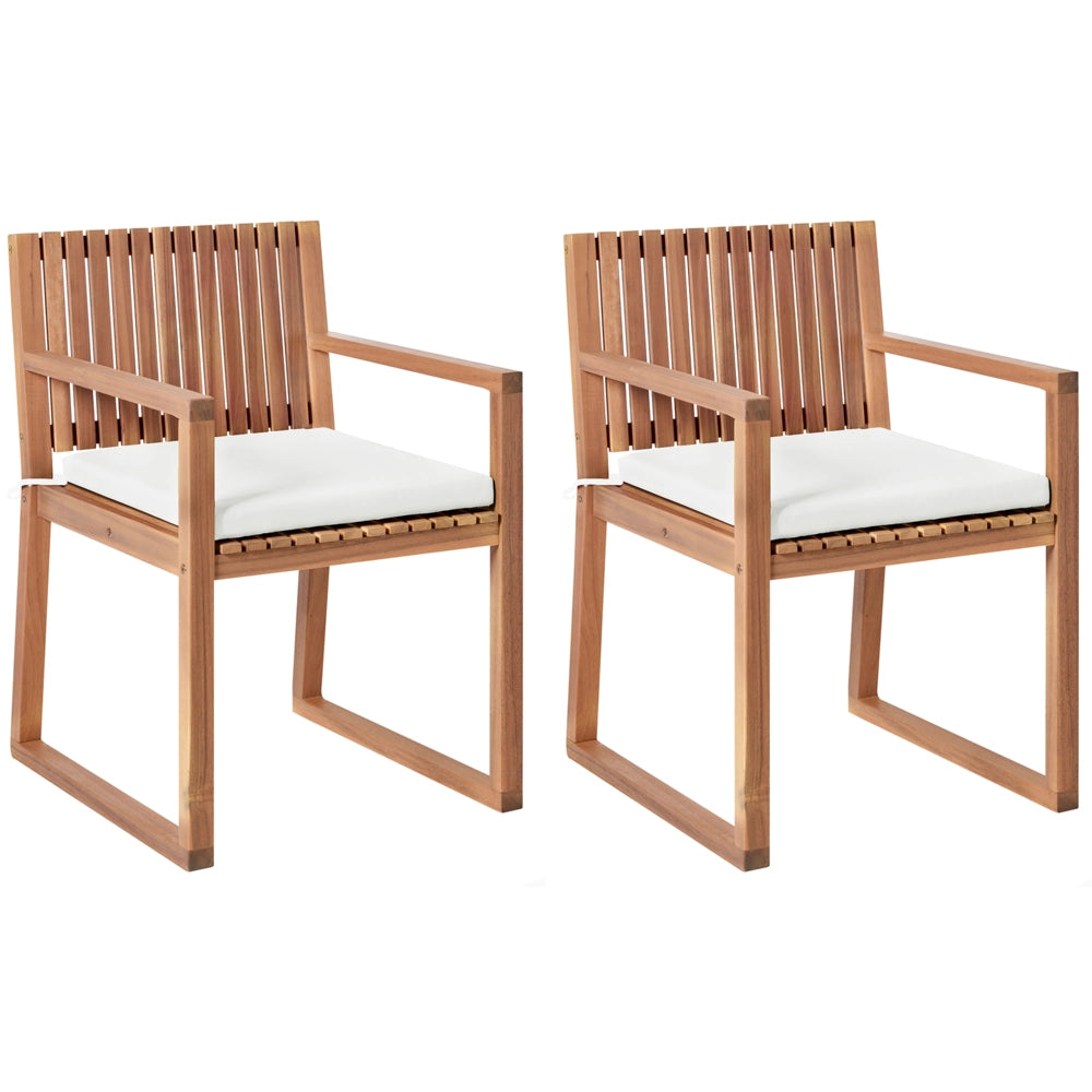 Set di 2 sedie da pranzo da giardino con cuscini, marrone chiaro e bianco sporco in legno di acacia certificato effetto lino stile rustico