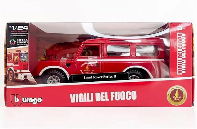 Bburago Land Rover Series II Vigili del Fuoco, Modellino in Scala 1/24, Veicolo Pompieri Italiano,Eta 3+