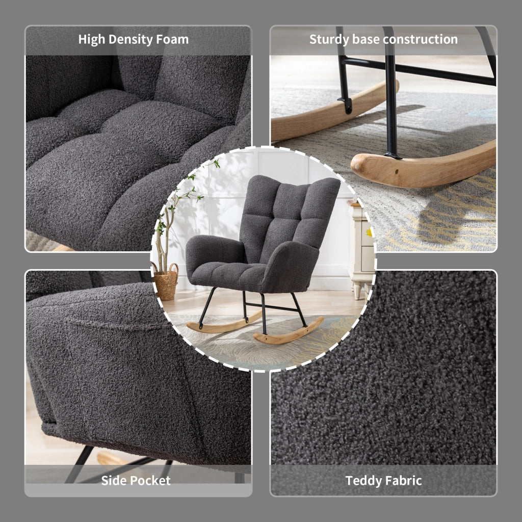 Sedia a dondolo in tessuto teddy con design ergonomico base in legno massiccio e struttura in metallo grigio