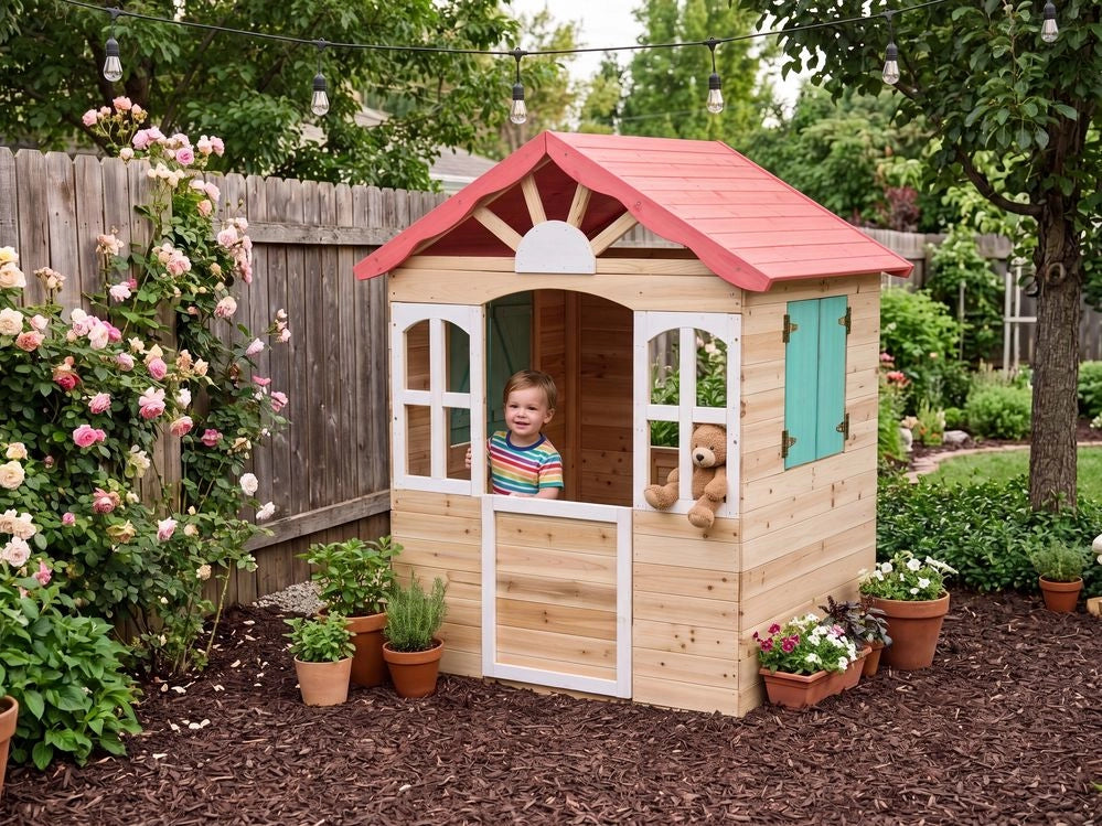 Casetta da giardino in legno di abete, marrone chiaro, per esterni, casetta per bambini in stile cottage