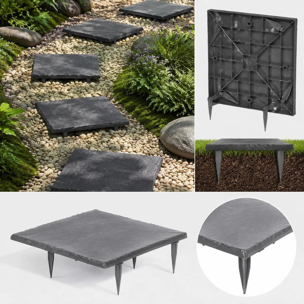 Garden Stepping Stones, 8 Pieces, 395x395 Mm, Decorative Paving Slab With Stakes, Plastic Paving Stones, Stone-look Slab Made Of PC Resin, For Lawns And Patios, Grey